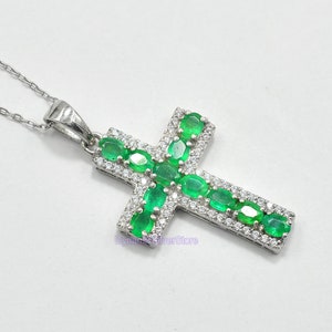 Natural Zambian Emerald Holy Cross Pendant Necklace, 925 Sterling Silver, May Birthstone, Emerald Jewelry Charm Pendant, Gift For Girlfriend