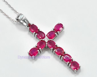 Natural Ruby Holy Cross Pendant Necklace, 925 Sterling Silver, July Birthstone, Antique Pendant, Charm Pendant, Bridal Pendant, Gift For Her