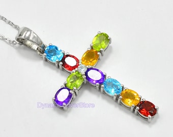 Natural 5X4 MM Multi Stone Pendant Necklace, 925 Sterling Silver, Holy Cross Pendant, Charm Pendant, Wedding Pendant, Gift For Her