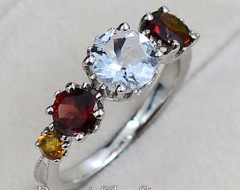 Natural Aquamarine Garnet & Citrine Ring\ 925 Sterling Silver\ Wedding Jewelry\ Cluster Ring\ Proposal Ring\ Wedding Ring\ Gift For Her