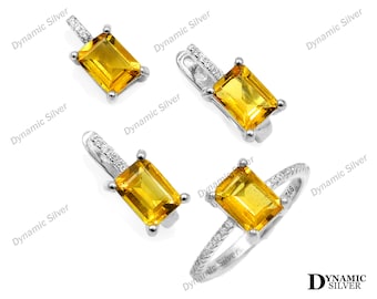 Natural Citrine Jewelry Set, 925 Sterling Silver, Ring Earring Pendant, Yellow Citrine Jewelry Set, November Birthstone, Gift For Wife