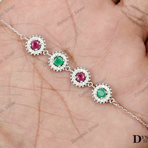Natural Ruby & Emerald Bracelet, 925 Sterling Silver, Adjustable Chain Bracelet, Multi Stone Jewelry, Women Bracelet, Anniversary Gift