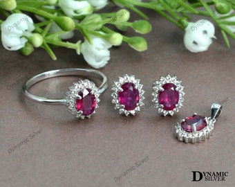 July Birthstone Jewelry Set/ 925 Sterling Silver/ Natural Ruby Jewelry Set/ Ruby Earring Ring Pendant Jewelry Set/ Anniversary Gift For Wife