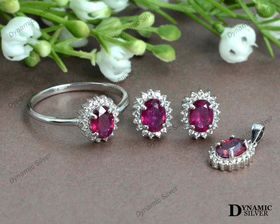 July Birthstone Jewelry Set 925 Sterling Silver Natural Ruby