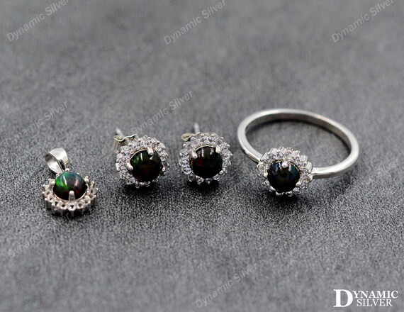 925 Sterling Silver Natural Black Opal Jewelry Set Black Opal