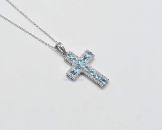 Natural 4X3 MM Aquamarine Holy Cross Pendant Necklace 925