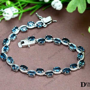 Silver Bracelet\ Natural London Blue Topaz Bracelet\ 925 Sterling Silver\ Topaz Tennis Bracelet\ December Birthstone Bracelet\Christmas Gift