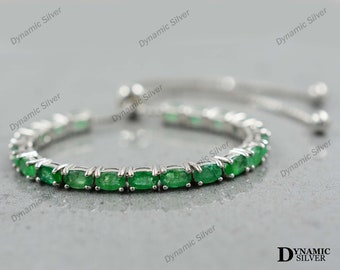 Natural Emerald Bracelet/ 925 Sterling Silver/ May Birthstone/ Tie Adjustable Bracelet/ Emerald Jewelry/ Gift For Her/ Women Bracelet