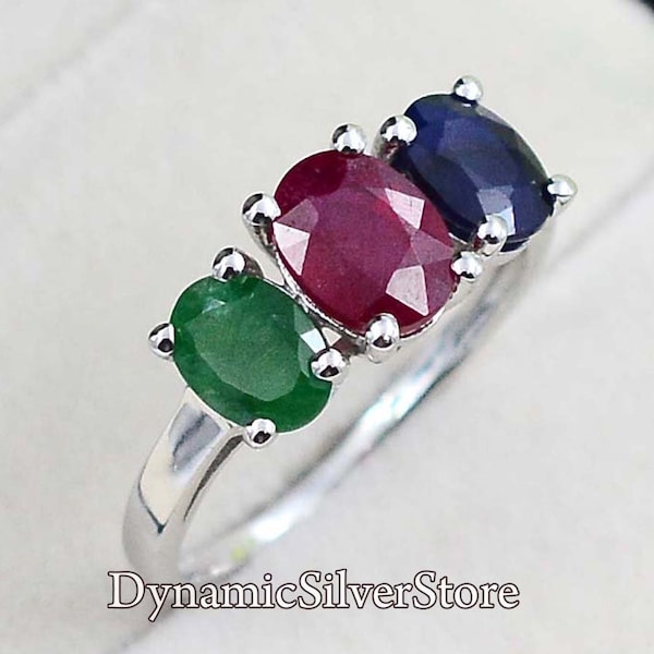 925 Sterling Silver\ Natural Ruby Emerald Sapphire Ring\ Gemstone Ring\ Statement Ring\ Bridal Ring\ Multi Color Stone Ring\ Gift For Her