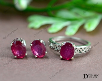 Natural Ruby Jewelry Set\ 925 Sterling Silver\ Ruby Jewellery Set Ring Earring\ July Birthstone\ Gemstone Jewelry Set\ Christmas Gifts