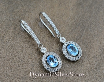 Natural Swiss Blue Topaz Earring\ 925 Sterling Silver\ Bridal Silver Earring\ Cluster Gemstone Earring\ Gift For Her\ Wedding Silver Earring