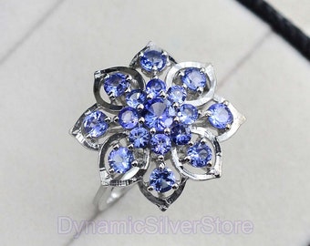 Natural Tanzanite Ring\ 925 Sterling Silver\ December Birthstone\ Birthday Ring\ Wedding Jewelry\ Cluster Proposal Ring For Anniversary Gift