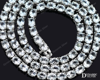 Natural Aquamarine Necklace Earring, 5X4 MM, 925 Sterling Silver, Tennis Necklace, March Birthstone, Women Wedding Necklace, Gift For Her