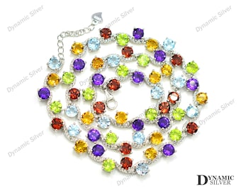 Natural Citrine Peridot Amethyst Garnet Blue Topaz Necklace, 925 Solid Sterling Silver, Silver Chain Necklace, Women Necklace, Gift For Wife