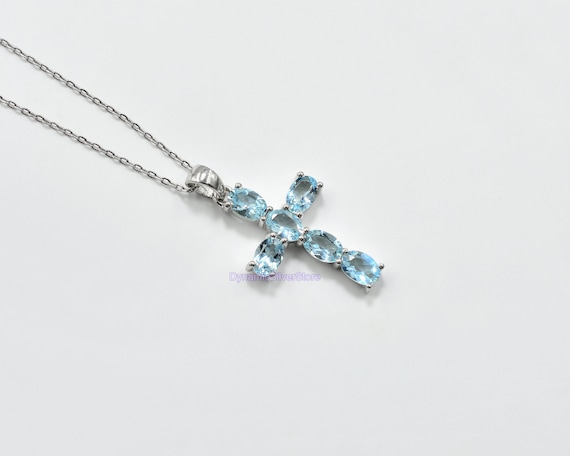 925 Sterling Silver Natural Aquamarine Holy Cross Pendant Necklace March Birthstone Unique Pendant Aquamarine Jewelry Gift for Her Etsy UK