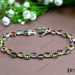 Natural Multi Tourmaline Gemstone\ Tourmaline Tennis Bracelet\ 925 Sterling Silver\ Small White Topaz\ October Birthstone\ Christmas Gifts