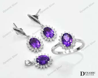 Natural Amethyst Jewelry Set\ 925 Sterling Silver\ February Birthstone\ Amethyst Jewelry\ Wedding Jewelry Set\ Birthday Gift\ Gift For Her