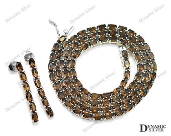 Natura Smoky Quartz Necklace Earring, 925 Sterling Silver, June Birthstone, Silver Tennis Jewelry, Brown Prong Jewelry, Gift For Girlfriend