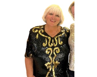 Vintage Royal Feelings Sequin Top Gold Black 4X 100% Silk Short Sleeve 1970's