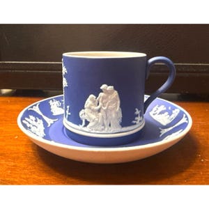 Wedgwood Jasperware Blue & White Demitasse Cup Saucer Set Rare