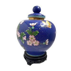 Vintage Chinesische Cloisonné Ingwer Dose Mit Deckel & Holzständer