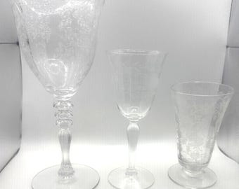 3 Antique Etched Crystal Clear Glass Goblets & Stemware With Floral Patterns