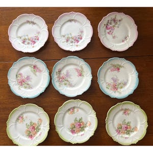 9 Antique Floral Porcelain Plates Pink Green Blue Bread/Butter Dessert Cake