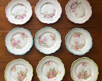 9 antieke porseleinen bloemen porseleinen borden roze groen blauw brood/boter desserttaart