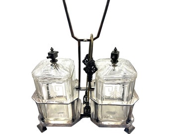 2 antieke glazen kruidenset Meriden B Company standaard augurktang zwenkwiel