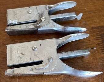 Vintage NEC J-30 Handheld Staplers Set Of 2 Silver Metal Industrial Tool D-340