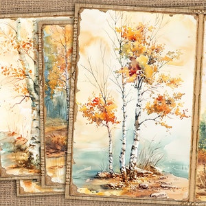 Puede incluir: Un conjunto de grabados artísticos en acuarela que representan árboles otoñales con hojas amarillas y naranjas. La obra de arte tiene una estética vintage con un borde texturizado y rasgado. El fondo es beige neutro.