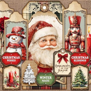 Etiquetas vintage para impressão de Natal, itens efêmeros de Natal, suprimentos para diário de lixo, etiquetas para diário de lixo, impressão de Natal, etiquetas para presentes de Natal, Papai Noel