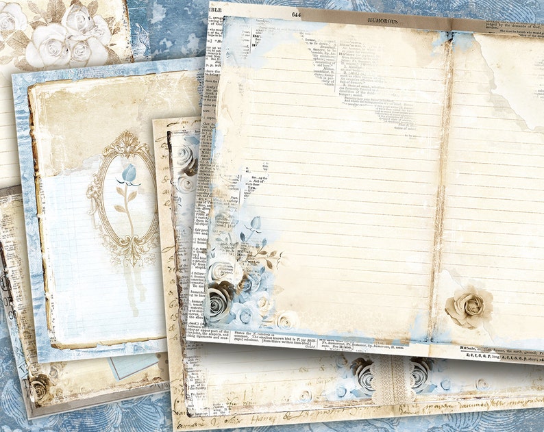 Blank Lined Journal Pages, Junk Journal Kit, Basic Papers, Printable Shabby Pages,Rose Paper Vintage, Collage sheet,Scrapbook Paper, Digital image 1