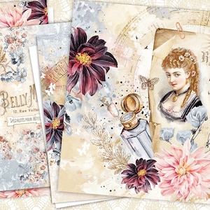Junk Journal Printable Papers, Victorian Ladies Papers, Vintage Woman Antique, Floral Collage Sheets, Vintage Printable, Eiffel Tower, Paris