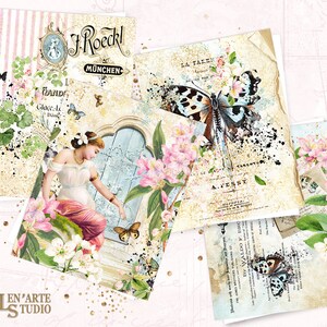 May include: A collage of vintage-style images featuring butterflies, flowers, and text. The images are printed on textured paper and have a distressed, aged look. The text includes "La Taverna", "A. Ferrex", "J. Roeckl M&uuml;nchen", and "Glace-La Dande".