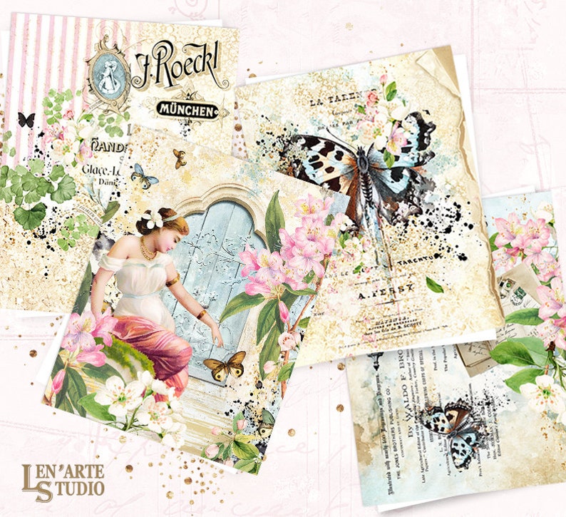 May include: A collage of vintage-style images featuring butterflies, flowers, and text. The images are printed on textured paper and have a distressed, aged look. The text includes "La Taverna", "A. Ferrex", "J. Roeckl M&uuml;nchen", and "Glace-La Dande".