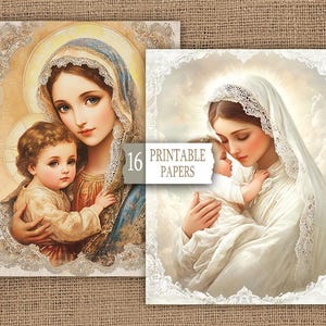 May include: Two vintage-style images of the Virgin Mary holding a baby Jesus. Both images are framed with a white lace border. The image on the left has a blue and gold colour scheme, while the image on the right has a white and gold colour scheme.