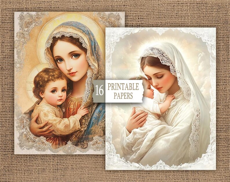 May include: Two vintage-style images of the Virgin Mary holding a baby Jesus. Both images are framed with a white lace border. The image on the left has a blue and gold colour scheme, while the image on the right has a white and gold colour scheme.