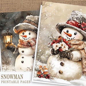 Papeles de muñeco de nieve vintage, papeles de diario basura de muñeco de nieve navideño, kit de diario basura de Navidad, muñeco de nieve navideño JPG, paisaje invernal, muñeco de nieve imprimible