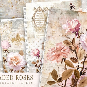Junk Journal Printable Papers, Faded Roses Paper, Scrapbooking Antique Papers,Collage Sheets,Vintage Pinks Rose,Old Fashioned Paper,Digital