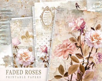 Junk Journal Printable Papers, Faded Roses Paper, Scrapbooking Antique Papers,Collage Sheets,Vintage Pinks Rose,Old Fashioned Paper,Digital