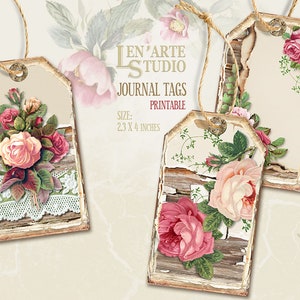 May include: Three printable journal tags with a distressed wood background and pink roses. The tags are 2.3 x 4 inches and feature the text "Len'Arte Studio Journal Tags Printable".