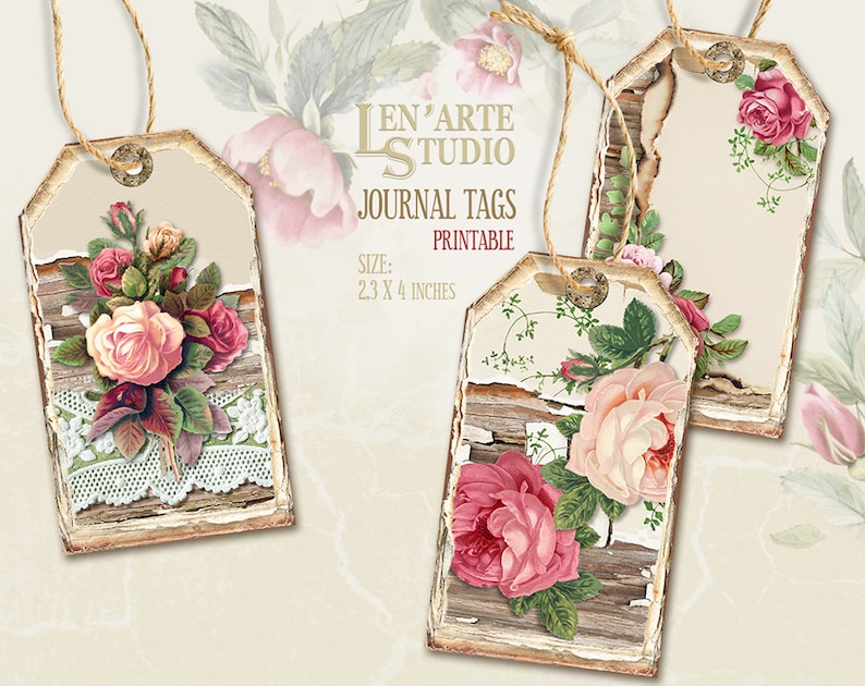May include: Three printable journal tags with a distressed wood background and pink roses. The tags are 2.3 x 4 inches and feature the text "Len'Arte Studio Journal Tags Printable".
