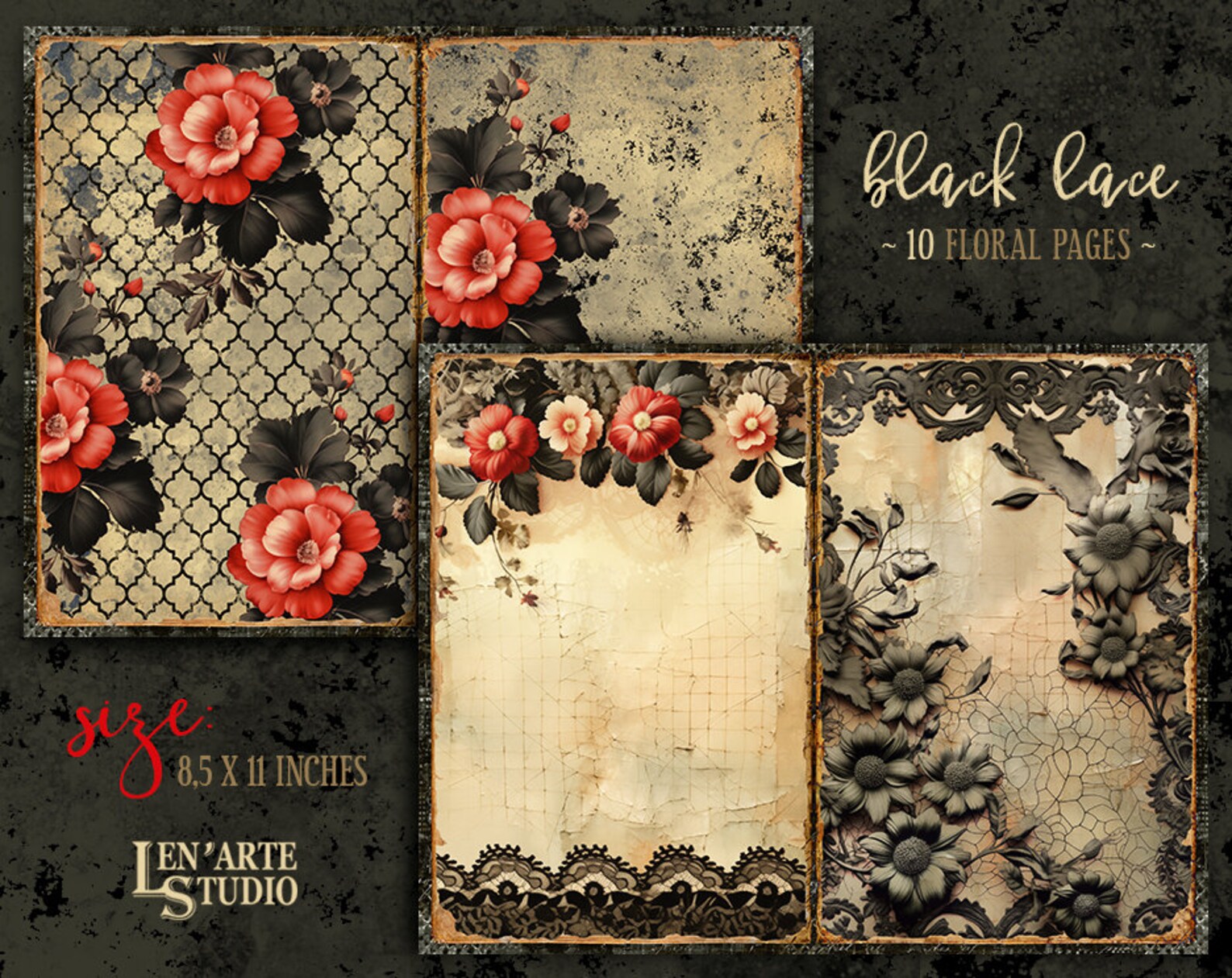 Dark Lace Junk Journal Printable Pages, Floral Lace Collage Sheets ...