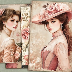 Pagine di diario di donne vittoriane, foglio collage di donne vintage, moda femminile edoardiana, carta da diario rosa, carta digitale vintage dell'epoca vittoriana
