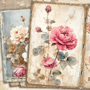 Papeles florales para diario basura, hojas de collage de rosas vintage, imprimibles de rosas en acuarela, papel digital floral, kit de diario basura de rosas vintage