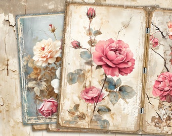 Papeles de diario basura floral, hoja de collage de rosas vintage, imprimibles de rosas de acuarela, papel digital floral, kit de diario basura de rosas vintage