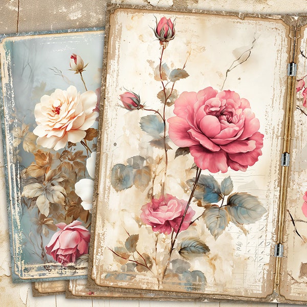 Documenti floreali per diario spazzatura, foglio di collage di rose vintage, stampabili di rose acquerello, carta digitale floreale, kit diario spazzatura per rose vintage