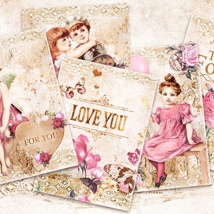 Vintage Valentinstag ATC Karten, druckbare digitale ATC Karte zum Valentinstag, Vintage Ephemera Liebeskarten, DIY Karten Junk Journals, Vintage Collage