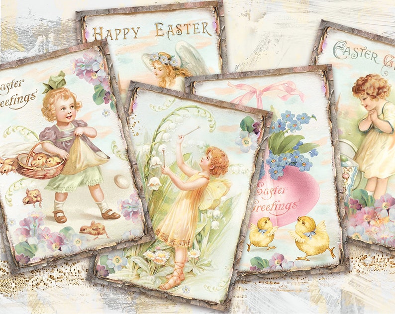 Vintage Easter Card Set, Printable Easter ATC, Digital Collage Sheet, Easter Kids Cards ATC, Victorian Easter Cards,Spring Tags, Ephemera image 1